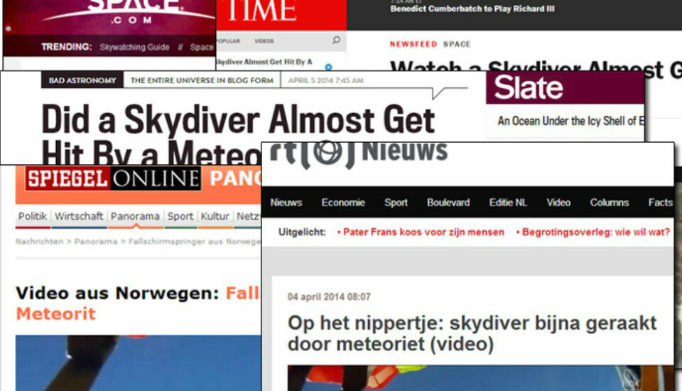 Medier verden over fortalte om nyheten fra himmelen over Rena. Blant andre  Time, Space.com, Slate, Spiegel og RTL News. (Foto: (Fotomontasje :NRK))