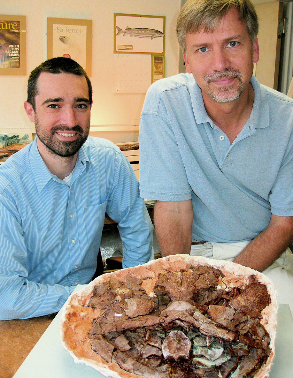 Forskerne Jason Downs og Ted Daeschler foran den fossile skallen til L. embryi. Den digre rovfisken levde for rundt 375 millioner år siden. (Foto: C. Frederick Mullison/ANSP)