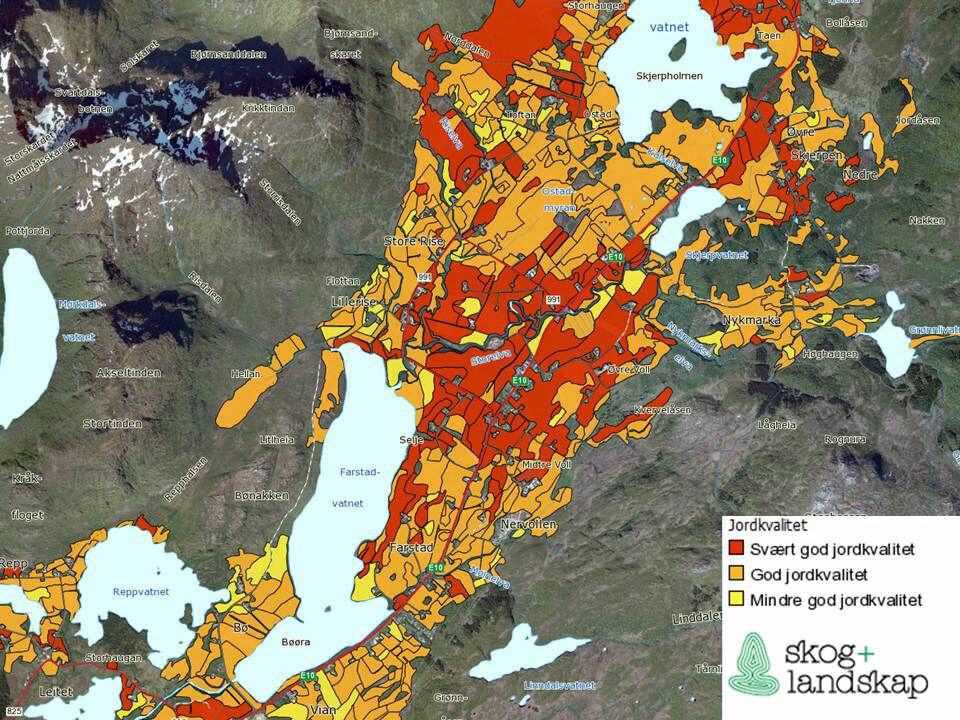 Jordkvalitetskart for Vestvågøy som viser hvor den beste matjorda befinner seg. Det vil si hvilke arealer som er best egnet til allsidig jordbruksproduksjon. Slike jordsmonnkart kan være et hjelpemiddel for å forhindre nedbygging av verdifull jordbruksjord. (Foto: Skog og landskap)