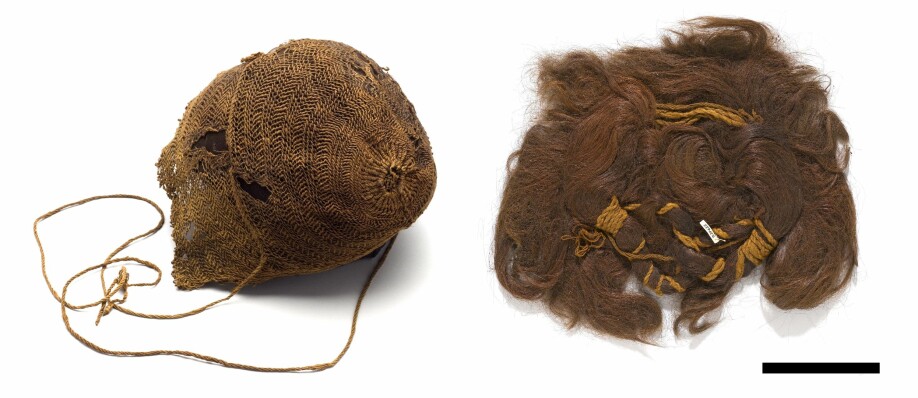 Håret fra en kvinne som ble funnet i Bredmose på Nord-Jylland i 1942 (t.h.). Håret er satt opp med hjelp av flere ullsnorer. Hun hadde også en lue (t.v.) som har dekket frisyren. Funnet er datert til århundrene rundt Kristi fødsel.