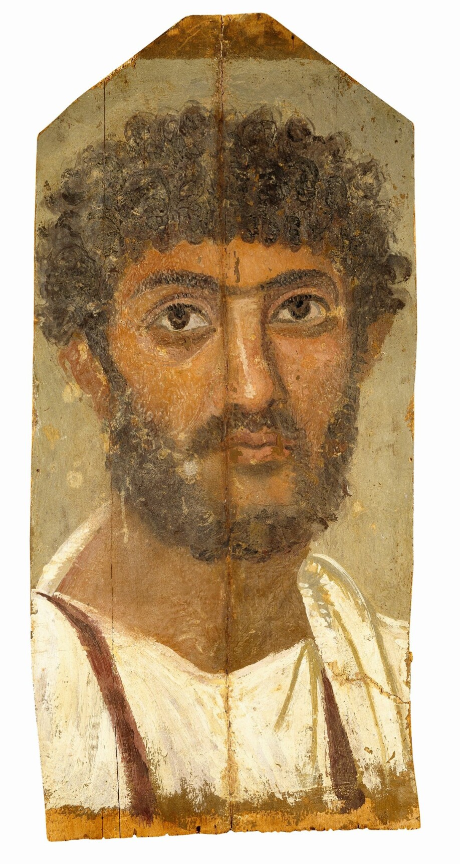 Mumieportrett av en mann fra Ar-Rubayât i Fajum-distriktet i det romerske Egypt, c. 150-200 e.Kr. Mannen har mørkt, krøllete hår og fullskjegg.