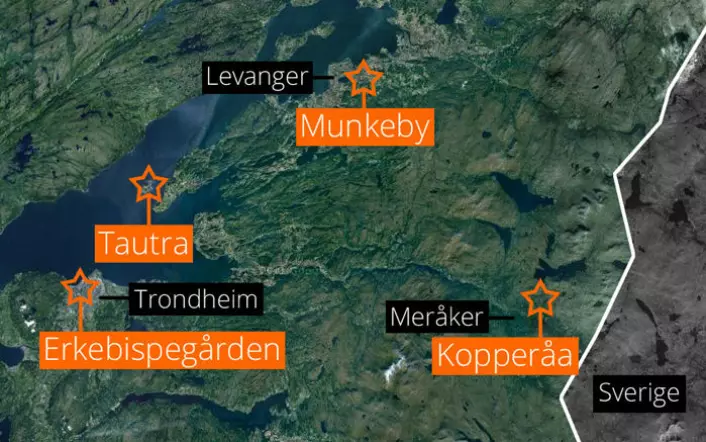 Kartet viser funnstedet i Kopperåa, middelalderens cistercienserkloster ved Trondheimsfjorden og erkebiskopens sete i Nidaros. (Foto: (Kart: Google Maps/tilpasset forskning.no/Per Byhring))