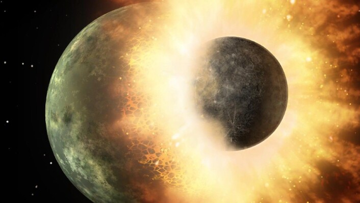 Sånn kan det ha sett ut da jorda og Theia smalt inn i hverandre i 4,5 milliarder år siden. (Foto: NASA) Sånn kan det ha sett ut da jorda og Theia smalt inn i hverandre i 4,5 milliarder år siden. (Foto: NASA)