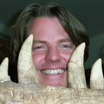 Jørn Hurum i tennene på en Tyrannosaurus.
