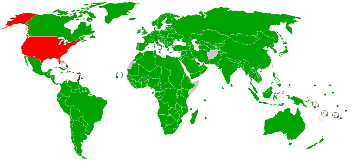 Grønne land har ratifisert Kyoto-avtalen. Grå land har ikke bestemt seg. Røde land vil ikke ratifisere. (Grafikk: Wikimedia Commons) Grønne land har ratifisert Kyoto-avtalen. Grå land har ikke bestemt seg. Røde land vil ikke ratifisere. (Grafikk: Wikimedia Commons)