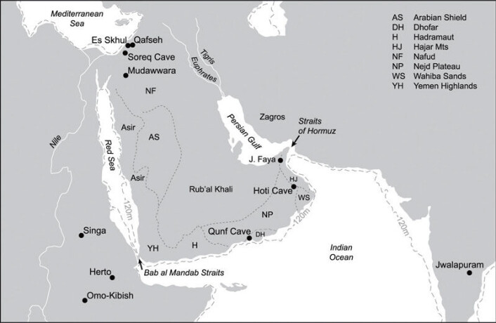Kartet viser hvor Jebel Faya (J. Faya) ligger i forhold til andre steder der det er gjort steinalderfunn i regionen. Jebel Faya ligger som kartet viser strategisk til mellom Afrika og Øst-Asia og kan ha vært et springbrett for mennesker som vandret ut fra Afrika. Den stiplede streken viser historisk kystlinje ved 120 meter lavere havnivå enn i dag. Klikk på forstørrelsesglass for større versjon. (Illustrasjon: Science/AAAS) Kartet viser hvor Jebel Faya (J. Faya) ligger i forhold til andre steder der det er gjort steinalderfunn i regionen. Jebel Faya ligger som kartet viser strategisk til mellom Afrika og Øst-Asia og kan ha vært et springbrett for mennesker som vandret ut fra Afrika. Den stiplede streken viser historisk kystlinje ved 120 meter lavere havnivå enn i dag. Klikk på forstørrelsesglass for større versjon. (Illustrasjon: Science/AAAS)