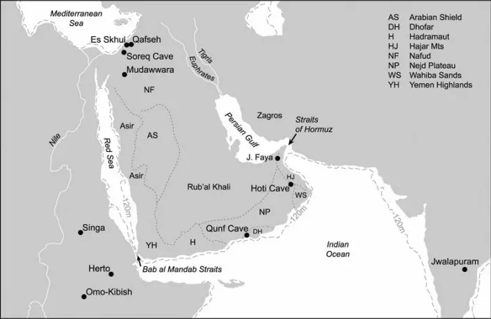 Kartet viser hvor Jebel Faya (J. Faya) ligger i forhold til andre steder der det er gjort steinalderfunn i regionen. Jebel Faya ligger som kartet viser strategisk til mellom Afrika og Øst-Asia og kan ha vært et springbrett for mennesker som vandret ut fra Afrika. Den stiplede streken viser historisk kystlinje ved 120 meter lavere havnivå enn i dag. Klikk på forstørrelsesglass for større versjon. (Illustrasjon: Science/AAAS)