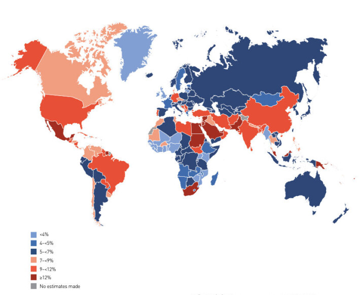 Andel av den voksne befolkningen som har diabetes. Midtøsten og Pakistan er spesielt hardt rammet (mørkerødt). Det samme er Mexico og Sør-Afrika. Også Kina, India, USA og Brasil har nå mye diabetes. Norge ligger under det globale gjennomsnittet. Andel av den voksne befolkningen som har diabetes. Midtøsten og Pakistan er spesielt hardt rammet (mørkerødt). Det samme er Mexico og Sør-Afrika. Også Kina, India, USA og Brasil har nå mye diabetes. Norge ligger under det globale gjennomsnittet.