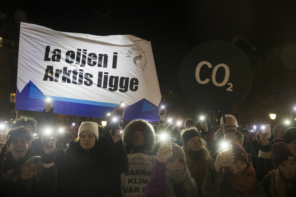 I 2019 ble det arrangert markeringer over hele Norge til støtte for Klimasøksmålet mot staten. Her fra Eidsvolls plass i Oslo. Til slutt tapte klimaaktivistene i Høyesterett.