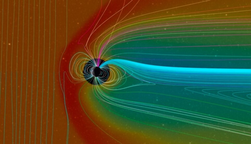 En modell som viser magnetfeltet rundt jorda (sirkelen i midten) , og hvordan det bøyer av kraftig solvind, som er representert ved det røde fargen. Magnetfeltene er representert ved alle linjene. Solvinden kommer altså fra venstre.