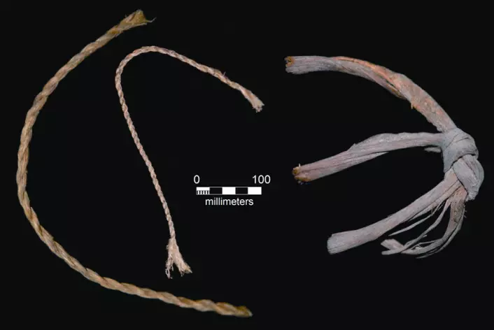 Tre biter tauverk funnet i Guiterrera-hulen. (Foto: Edward A. Jolie og Phil R. Geib)