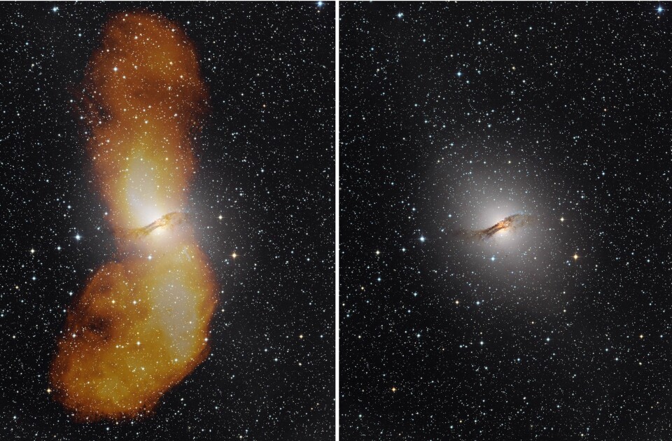 Det første bildet viser de store flippene som omgir Centaurus A, fanget opp av radioteleskoper. Flippene er det som synes i oransje farge i bildet som er satt sammen av data fra optisk lys og radiobølger. Det andre bildet viser galaksen slik den viser seg i synlig lys. (Foto til venstre: Capella Observatory (optisk), med radiodata from Ilana Feain, Tim Cornwell og Ron Ekers (CSIRO/ATNF), R. Morganti (ASTRON) og and N. Junkes (MPIfR). Foto til høyre: Capella Observatory)