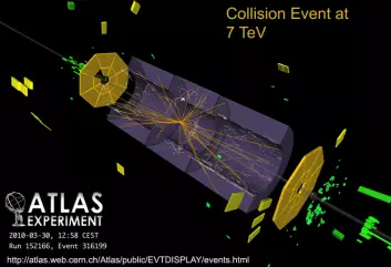 Den historiske første protonkollisjon ved 7 teraelektronvolt, registrert av ATLAS-detektoren i CERN. Her et bilde fra like etter sammenstøtet, med linjer etter elektrisk ladde partikler som blir slengt i mange retninger - Et fingeravtrykk for et eller annet, vi vet ikke helt hva ennå, sier Bjørn Samset.  (Foto: CERN)