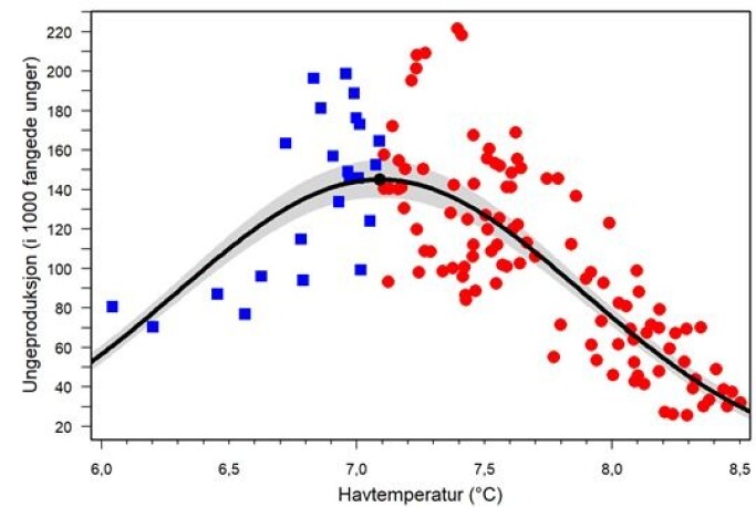Lundenes ungeproduksjon er høyest ved en havtemperatur på 7,1 °C. Både lavere og høyere havtemperatur førte til lavere ungeproduksjon. Lundenes ungeproduksjon er høyest ved en havtemperatur på 7,1 °C. Både lavere og høyere havtemperatur førte til lavere ungeproduksjon.
