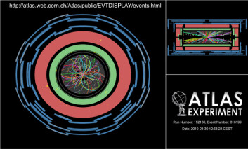 Den første, historiske kollisjonen mellom protoner ved 7 teraelektronvolt (TeV), registrert av ATLAS-detektoren i CERN. (Foto: CERN) Den første, historiske kollisjonen mellom protoner ved 7 teraelektronvolt (TeV), registrert av ATLAS-detektoren i CERN. (Foto: CERN)