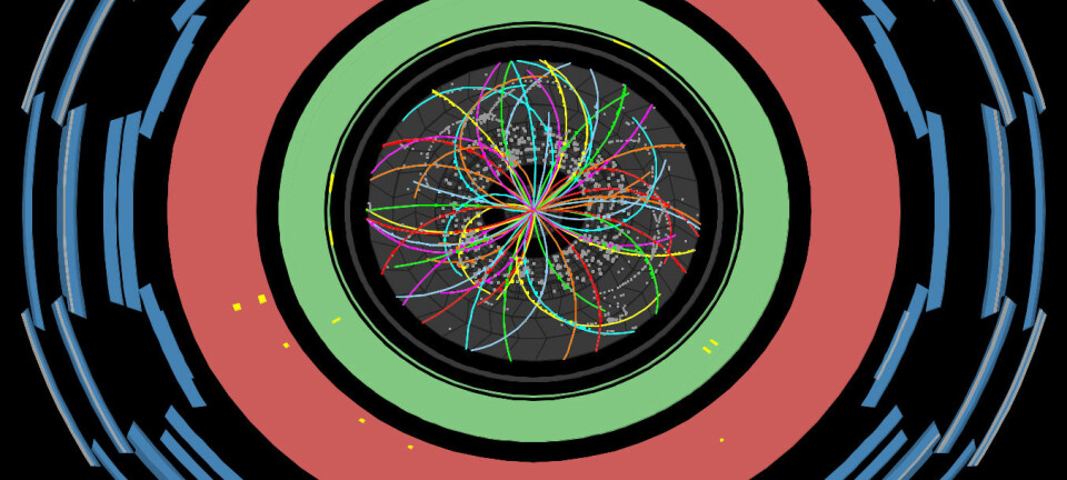 Kollisjon mellom protoner ved 7 teraelektronvolt, registrert av ATLAS-detektoren i CERN. (Foto: CERN)