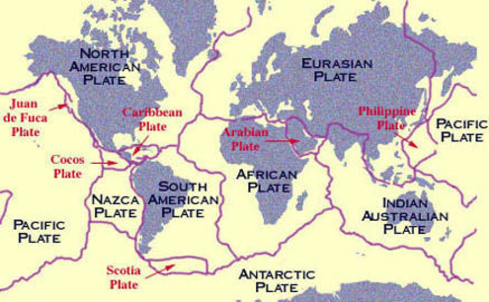 'Jordskorpeplatene slik de ligger i dag. (Illustrasjon: NASA)'