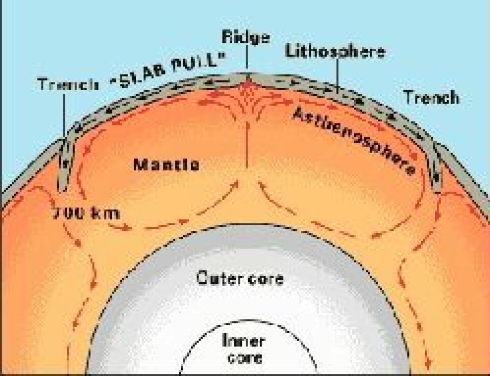 'Denne illustrasjonen viser et snitt av jordkloden, og du kan se hvordan den varme og seige magmaen på innsiden beveger seg i sirkler. Jordskorpa ligger som en mosaikk av tektoniske plater oppå dette, og platene beveger seg hele tiden. (Illustrasjon: U.S. Geological Survey)'