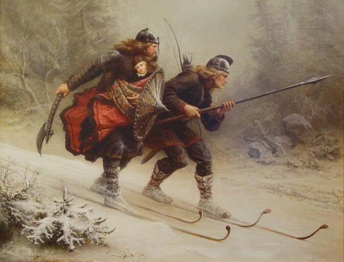 Birkebeinerne Torstein Skevla og Skjervald Skrukka – her på Knud Bergsliens maleri – er et tidlig eksempel på hvordan kombinasjonen av ski og våpen har vært viktig i den militære norgeshistorien. Birkebeinerne Torstein Skevla og Skjervald Skrukka – her på Knud Bergsliens maleri – er et tidlig eksempel på hvordan kombinasjonen av ski og våpen har vært viktig i den militære norgeshistorien.
