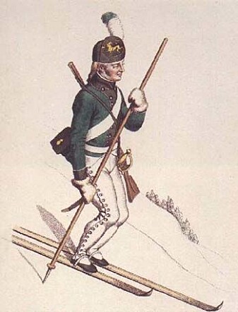 Slik kunne en skiløpersoldat se ut i 1811, tegnet av Johannes Senn. Tre år senere stemte eidsvollsmennene ned et forslag om å innføre ski og skyting som en del av norske menns nasjonaloppdragelse. Slik kunne en skiløpersoldat se ut i 1811, tegnet av Johannes Senn. Tre år senere stemte eidsvollsmennene ned et forslag om å innføre ski og skyting som en del av norske menns nasjonaloppdragelse.
