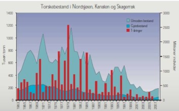 Utviklingen av totalbestanden (mørkt lyst felt), gytebestanden og rekrutteringen som ettåringer for torsken i Nordsjøen, Den engelske kanal og Skagerrak. (Fra Gjøsæter, Dommasnes, Falkenhaug, Hauge, Johannesen, Olsen og Skagseth: Havets ressurser og miljø 2009) Utviklingen av totalbestanden (mørkt lyst felt), gytebestanden og rekrutteringen som ettåringer for torsken i Nordsjøen, Den engelske kanal og Skagerrak. (Fra Gjøsæter, Dommasnes, Falkenhaug, Hauge, Johannesen, Olsen og Skagseth: Havets ressurser og miljø 2009)