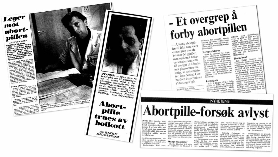 Det franske legemiddelfirmaet Roussel Uclaf skulle allerede i 1989 prøve ut abort med medisiner på pasienter ved Ullevål sykehus. Politisk støy og press gjorde at de trakk søknaden sin.