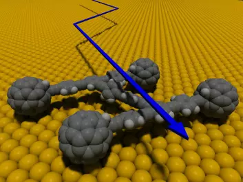 Digital modell av Nanocar 1, den første nanobilen med fire fulleren-hjul. (Bilde: Rice University)