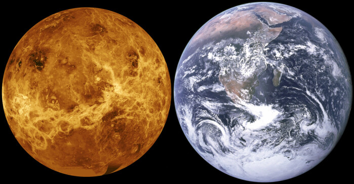 Venus og jorden er nesten like store. Venus kalles iblant for jordens onde tvilling. Venus og jorden er nesten like store. Venus kalles iblant for jordens onde tvilling.