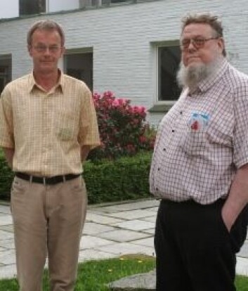 Professorene Hans Jarle Kind og Helge Østbye utenfor NHH. Professorene Hans Jarle Kind og Helge Østbye utenfor NHH.