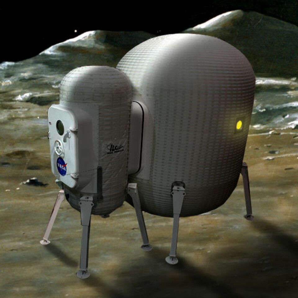'En prototyp av en oppblåsbar månebase. (Fotomontasje: NASA/forskning.no)'