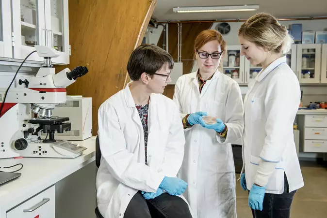 Johanna Blomqvist, Simona Dzurendova, Margarita Smirnova in the microbiology lab.