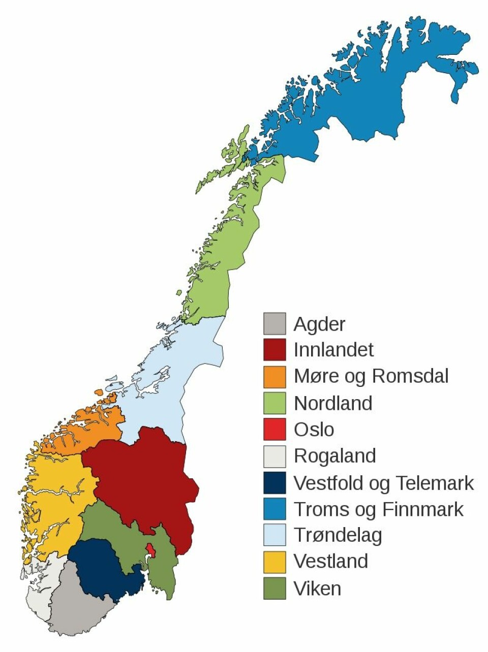Folk i Agder, Telemark og Rogaland var veldig like hverandre i den nye studien. Det er det grå, det hvite og det mørkeblå fylket helt sør på kartet.