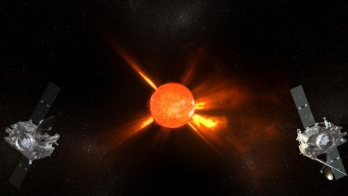 De to Stereo-satellittene står nå rett overfor hverandre slik at det er mulig å se hele sola på en gang. (Foto: NASA) De to Stereo-satellittene står nå rett overfor hverandre slik at det er mulig å se hele sola på en gang. (Foto: NASA)