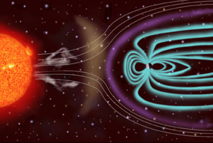 "Partiklene i solvinden følger og bøyes av ved planetenes magnetfelt. (Illustrasjon: NASA)" "Partiklene i solvinden følger og bøyes av ved planetenes magnetfelt. (Illustrasjon: NASA)"