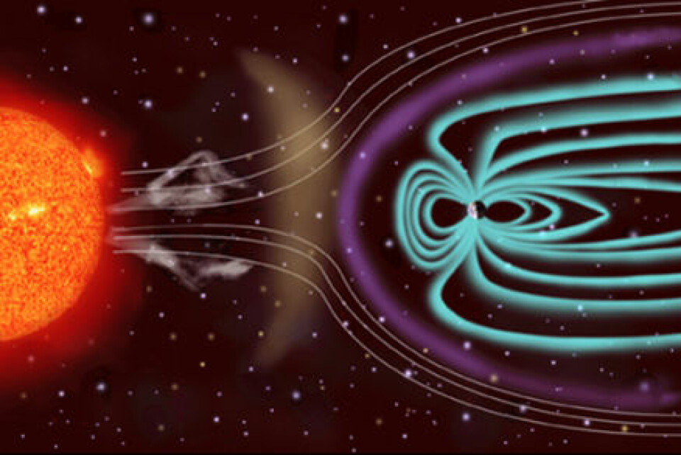 'Partiklene i solvinden følger og bøyes av ved planetenes magnetfelt. (Illustrasjon: NASA)'