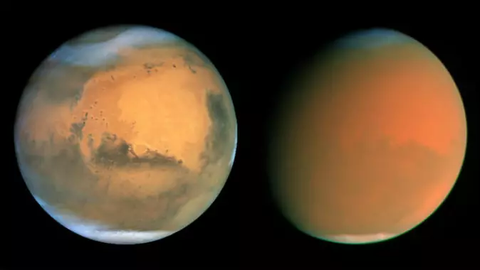 Slik ser Mars ut før og etter en støvstorm. Bildet til venstre er tatt via Hubble-teleskopet 26. juni 2001. Bildet til høyre er tatt litt over to måneder senere, 4. september 2001.