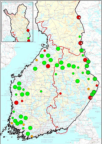 Ulveflokker (store sirkler) og revirmarkerende par (mindre sirkler) registrert i Finland, mars 2021. Grønn = dokumentert flokk eller par, oransje= sannsynlig flokk eller par, rød = usikker flokk eller par. Ulveflokker (store sirkler) og revirmarkerende par (mindre sirkler) registrert i Finland, mars 2021. Grønn = dokumentert flokk eller par, oransje= sannsynlig flokk eller par, rød = usikker flokk eller par.