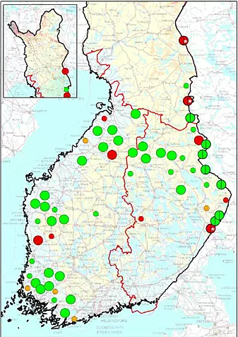 Ulveflokker (store sirkler) og revirmarkerende par (mindre sirkler) registrert i Finland, mars 2021. Grønn = dokumentert flokk eller par, oransje= sannsynlig flokk eller par, rød = usikker flokk eller par.