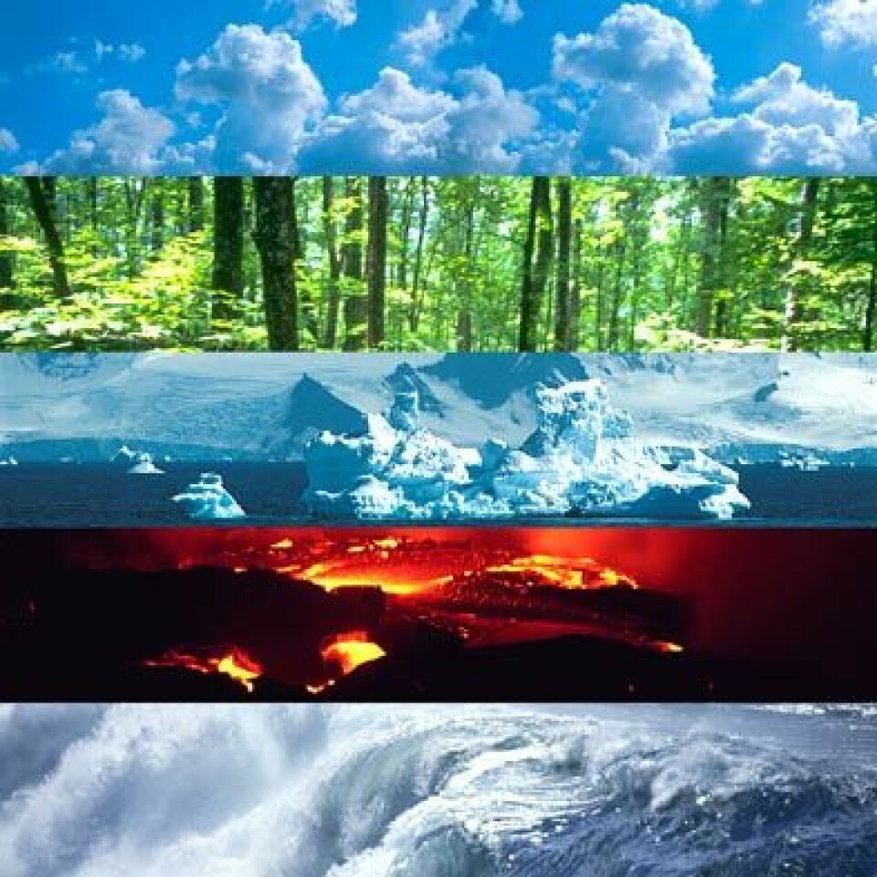 Jordobservasjon gir kunnskap om atmosfæren, biosfæren, kryosfæren, geosfæren og hydrosfæren. Illustrasjon: ESA