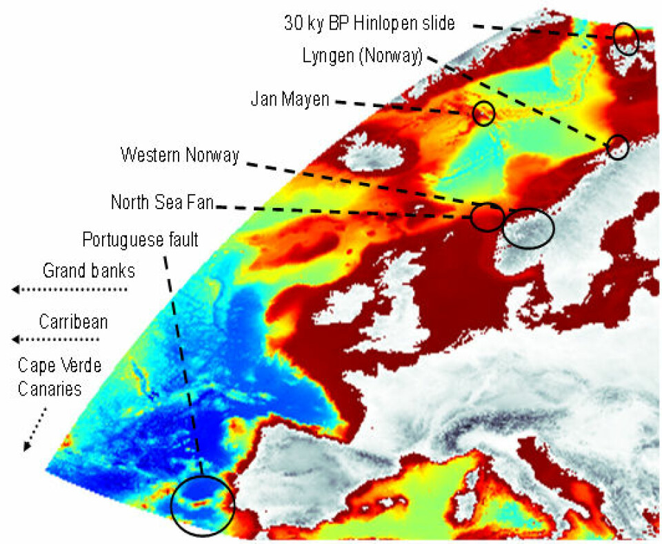 Mulige kilder til flodbølger i Nordøst-Atlanteren. (Illustration: NGI )