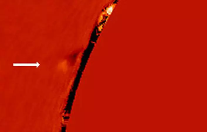 "Ved pilen kan du se kometen i det den er på vei inn i solens kromosfære. Dette bildet er tatt med et av instrumentene i solobservatoriet på Mauna Loa-vulkanen. (Foto: Claire Raftery, Juan Carlos Martinez-Oliveros, Samuel Krucker/UC Berkeley)"