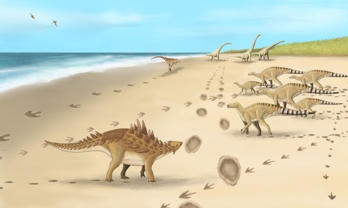 Slik så det ut da de ulike dinosaurene vandret langs kysten av Dover for 110 millioner år siden, ifølge paleontologer. Slik så det ut da de ulike dinosaurene vandret langs kysten av Dover for 110 millioner år siden, ifølge paleontologer.