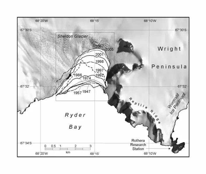 "Illustrasjonen viser hvordan isen i Ryder Bay i Antarktis trakk seg tilbake mellom 1947 og 2007. (Illustrasjon: British Antarctic Survey)"