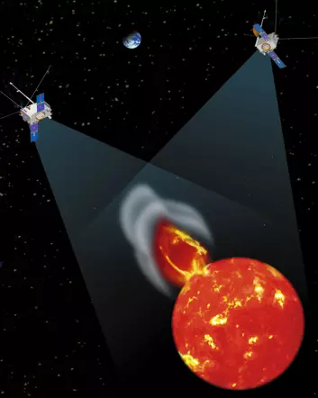 "Forskerne brukte data fra de to STEREO-satellittene. På denne illustrasjonen får du et inntrykk av hvordan de to fartøyene observerer sola fra hver sin kant. (Illustrasjon: NASA)"
