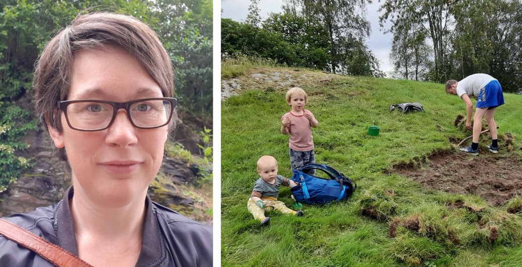 Ingeborg i Bergen vil gjerne ha blomstereng i nabolaget! Her er heile familien i sving med eit lite prøveprosjekt: dei fjerna grastorv, og i plenen og i knausen rett over har dei funne mange fine ville blomstrar som dei prøver å få inn i feltet, bl.a. blåklokke, firkantperikum, legeveronika, jonsokkoll, blåkoll, jordnøtt, og marikåpe. No jobbar Ingeborg med å overtyde burettslaget sitt om at dei bør utvide enga. Foto: Ingeborg Borgen Takle. Ingeborg i Bergen vil gjerne ha blomstereng i nabolaget! Her er heile familien i sving med eit lite prøveprosjekt: dei fjerna grastorv, og i plenen og i knausen rett over har dei funne mange fine ville blomstrar som dei prøver å få inn i feltet, bl.a. blåklokke, firkantperikum, legeveronika, jonsokkoll, blåkoll, jordnøtt, og marikåpe. No jobbar Ingeborg med å overtyde burettslaget sitt om at dei bør utvide enga. Foto: Ingeborg Borgen Takle.