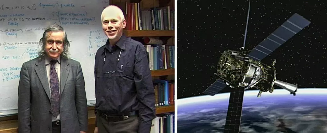 Francis Everitt og forfatteren på Stanford University våren 2004, kort tid før romsonden Gravity Probe B ble skutt opp.