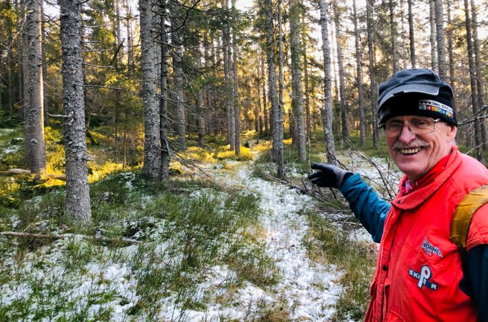 Et tips fra Ståle om du vil lete etter gamle veier: Ved lett snøfall eller snøsmelting, så blir snøen gjerne liggende litt lenger i de gamle søkkene etter hester og mennesker fra hundrevis av år tilbake. Da ser du hvor folk en gang for lenge siden kom ridende og gående. Skogen du ser på dette bildet har fått stå i fred for moderne flathugst. Går du som Ståle en del i skogen, så ser du tydelig forskjellen.