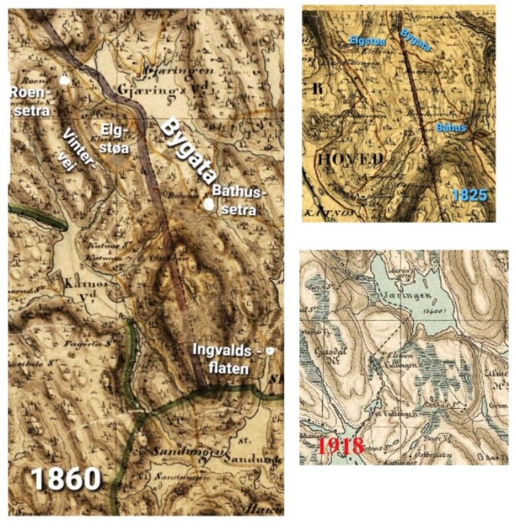 På gamle kart som disse fra 1825, 1860 og 1918 finner Ståle igjen de gamle hovedveiene i Nordmarka. Her et parti fra den lange Bygata der den passerer mellom innsjøene Sandungen, Katnosa og Gjæringen. Bygata gikk helt fra Olimb på Jevnaker til Bjørvika i Oslo. Kart som dette finner du nå hos Kartverket i høy oppløsning og det er gratis å laste dem ned. På gamle kart som disse fra 1825, 1860 og 1918 finner Ståle igjen de gamle hovedveiene i Nordmarka. Her et parti fra den lange Bygata der den passerer mellom innsjøene Sandungen, Katnosa og Gjæringen. Bygata gikk helt fra Olimb på Jevnaker til Bjørvika i Oslo. Kart som dette finner du nå hos Kartverket i høy oppløsning og det er gratis å laste dem ned.
