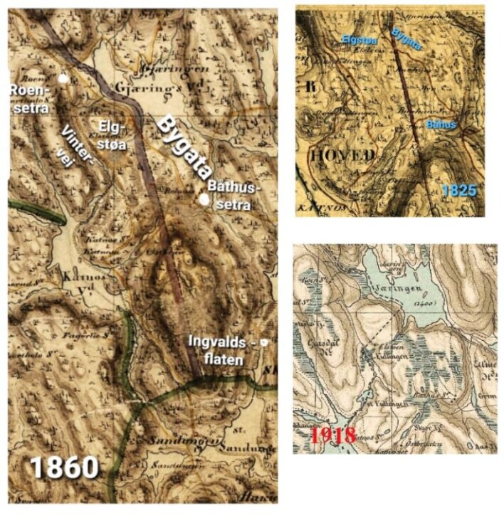 På gamle kart som disse fra 1825, 1860 og 1918 finner Ståle igjen de gamle hovedveiene i Nordmarka. Her et parti fra den lange Bygata der den passerer mellom innsjøene Sandungen, Katnosa og Gjæringen. Bygata gikk helt fra Olimb på Jevnaker til Bjørvika i Oslo. Kart som dette finner du nå hos Kartverket i høy oppløsning og det er gratis å laste dem ned.