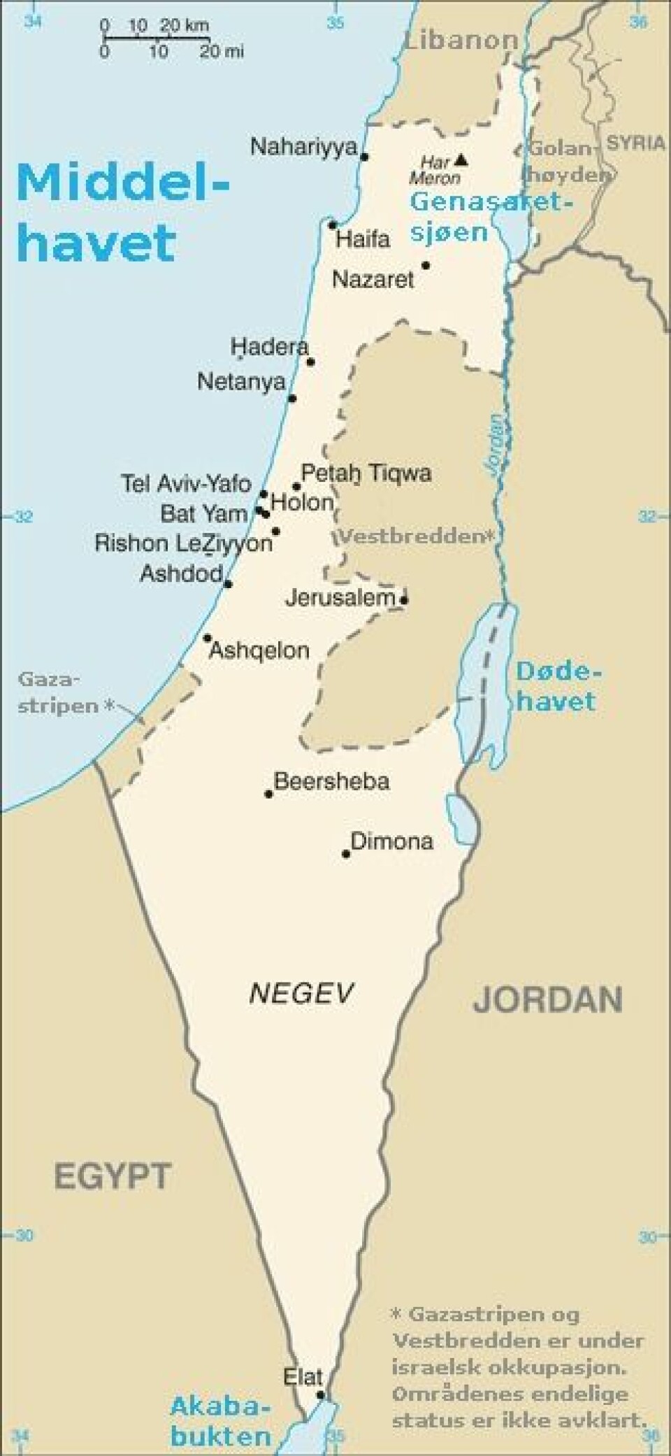 'Israel og de Palestina. (KIlde: Wikimedia Commons'